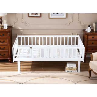 Sunvega Natural Rubber Wood Twin Size Floor Bed with Safety Guardrails and Door
