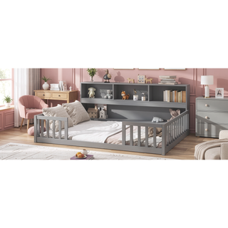 Sunvega Twin Floor Bed with Bedside Bookcase Guardrails and Shelves in Grey