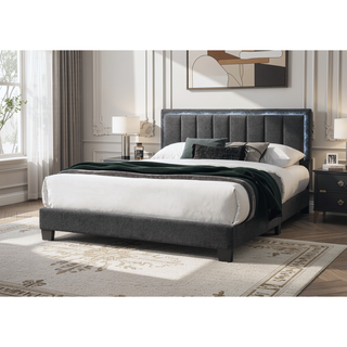 Sunvega Queen Size Bed with Channel Tufted Wool Upholstered Headboard and LED Lights
