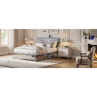 Sunvega Queen Size Metal Bed Frame with LED Light and Charging Station Headboard