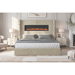 Sunvega King Size Upholstered Wooden Bed with Bluetooth Speakers and USB Ports