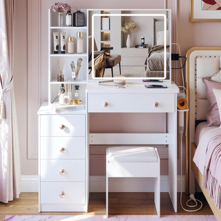 Sunvega 37 Inch Left Bedside Vanity Table with Cushioned Stool and Sliding Mirror