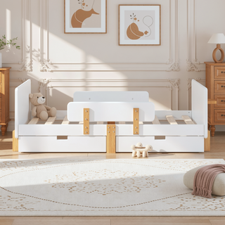 Sunvega Twin Size Solid Wood Platform Bed with Storage Drawers and Guardrail