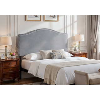 Sunvega Upholstered Grey Leather Look Headboard with Chrome Nailhead Trim for Full Size Bed