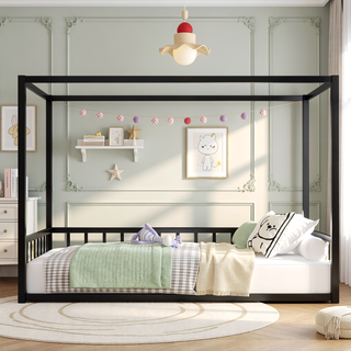 Sunvega Twin Size Modern Low-Profile Floor Bed Frame with Multi-Sided Fence Guardrails