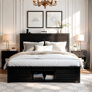 Sunvega Queen Bed Frame with Upholstered Headboard and LED Lighting Charging Station