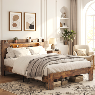 Sunvega Queen Wood Platform Bed Frame with Storage Headboard and 2 USB Ports
