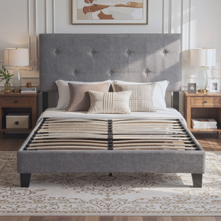Sunvega King Size Upholstered Platform Bed with Button Tufted Linen Headboard