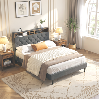 Sunvega Queen Size Upholstered Platform Bed Frame with USB Ports and Storage Headboard