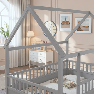Sunvega Twin Size Floor Wooden Bed with House Roof Frame and Fence Guardrails