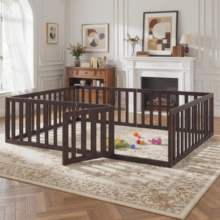 Sunvega Twin Size Wood Floor Bed Frame with Fence and Door in Walnut Finish