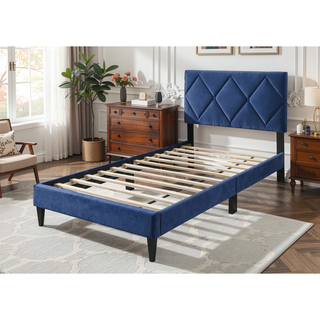 Sunvega Navy Blue Velvet Tufted Headboard Full Size Youth Bed Frame