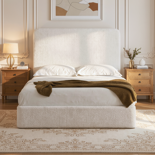 Sunvega Pearl White Chenille Upholstered King Bed with 52 Inch Tall Headboard