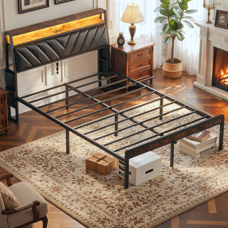 Sunvega Queen Bed Frame with Tilted RGB LED Headboard and Charging Station