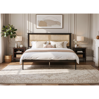 Sunvega Full Size Bed with Rattan Headboard Two Storage Drawers and Enhanced Support Slats