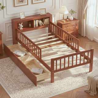 Sunvega Twin Size Bed with Headboard Storage, Two Under-Bed Drawers, and Three-Side Guardrails