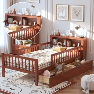 Sunvega Twin Size Bed with Headboard Storage, Two Under-Bed Drawers, and Three-Side Guardrails