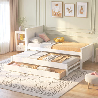 Sunvega Twin Size White Platform Bed with Trundle and Two Drawers for Storage