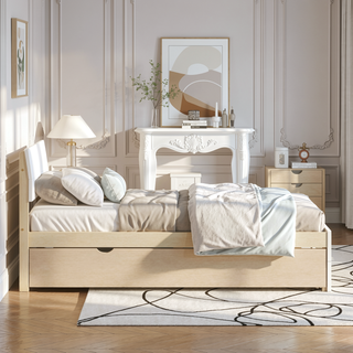 Sunvega Modern White High Gloss Twin Bed Frame with Light Oak Trundle for Space Saving