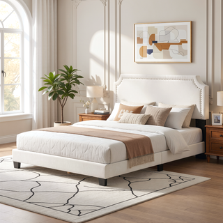 Sunvega Upholstered Platform Bed with Padded Headboard and Nailhead Trim Accents