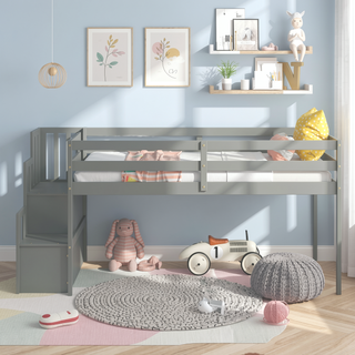 Sunvega Grey Pine Wood Loft Bed with Staircase and Storage Steps