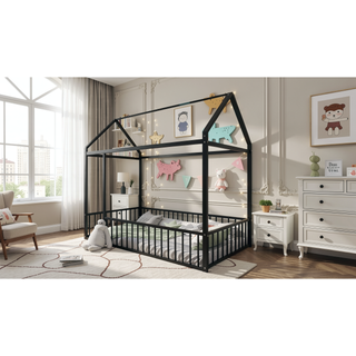 Sunvega Full Size Playhouse Metal Bed Frame with Fence for Kids and Teens
