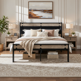 Sunvega Full Size Metal Platform Bed Frame with Upholstery Storage Headboard and Footboard