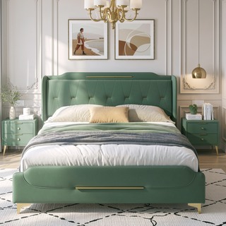 Sunvega Queen Size Leather Bed Frame with Wingback Headboard and Gold Metal Decor