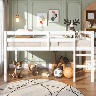 Sunvega Espresso Rubber Wood Low Height Loft Bed with Ladder for Bedroom