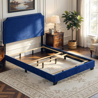 Sunvega Blue Queen Panel Bed with Scooped Headboard and Upholstered Footboard