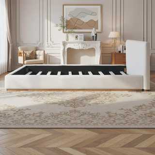 Sunvega Upholstered King Bed With Solid Wood Frame And Wooden Slatted Base White