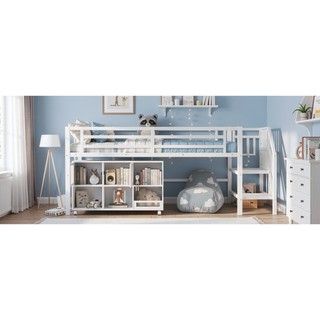Sunvega Low Twin Metal Loft Bed with Stairs and 6 Rolling Storage Cubbies for Kids