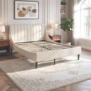 Sunvega Handmade Vertical Tufted Headboard Platform Bed Set in Light Beige Linen
