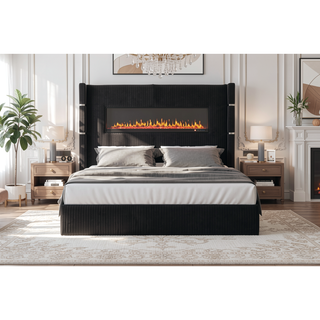 Sunvega Queen Size Upholstered Bed with Electric Fireplace and Bluetooth Speakers in Gray Velvet