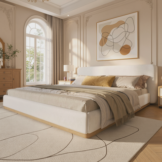 Sunvega Upholstered King Bed With Solid Wood Frame And Wooden Slatted Base White
