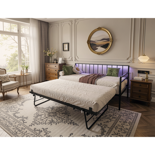 Sunvega Twin Daybed with Trundle Farmhouse Frame Sliding Barn Door Headboard Charging Station