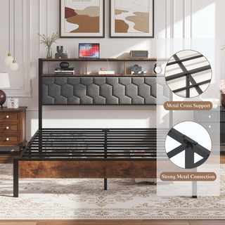 Sunvega Queen Bed Frame with Vintage Shelf Headboard and USB Charging Station
