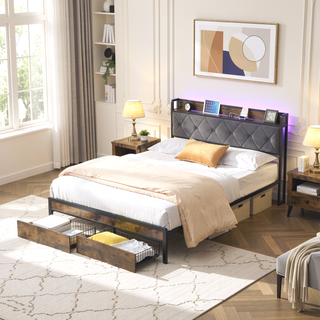 Sunvega King Bed Frame with Storage Headboard LED Lights and USB Charging Station