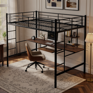 Sunvega Full Loft Bed with Desk and Shelf, Space Saving Design in Black