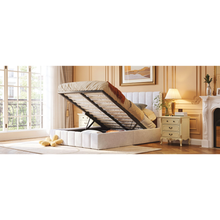 Sunvega Upholstered Platform Bed with Hydraulic Storage System in White Linen