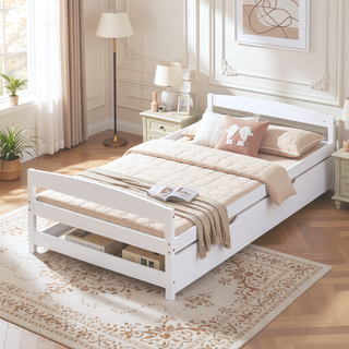 Sunvega White Twin Size Platform Bed with Trundle and Headboard Footboard