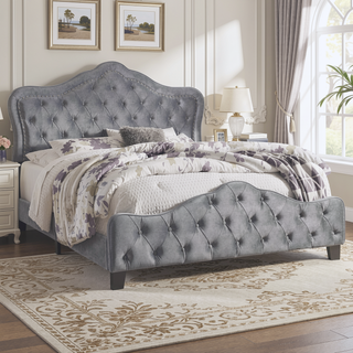 Sunvega Grey Velvet Upholstered Queen Panel Bed with Button Tufting and Chrome Nailheads