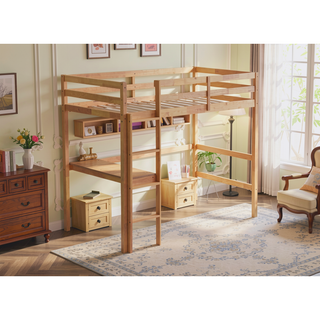 Sunvega Pink Rubber Wood Twin High Loft Bed with Safety Guardrail and Built-in Desk