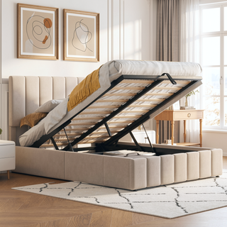 Sunvega Upholstered Platform Bed with Hydraulic Storage System in White Linen