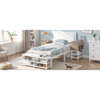 Sunvega Full Size Metal Platform Bed with Two Tier Storage Shelves and Wooden Cabinet