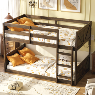 Sunvega Twin Over Twin Bunk Bed with Vintage Panelled Headboard and Safety Guardrails