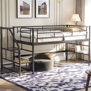 Sunvega Twin White Mid Loft Bed with Integrated Storage Stairs and Metal Frame