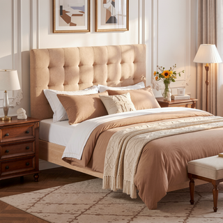 Sunvega Beige Tufted Linen-Inspired Upholstered Headboard for Queen Size Bed