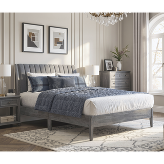 Sunvega Modern Velvet Upholstered Queen Platform Bed with Gray Wood Legs