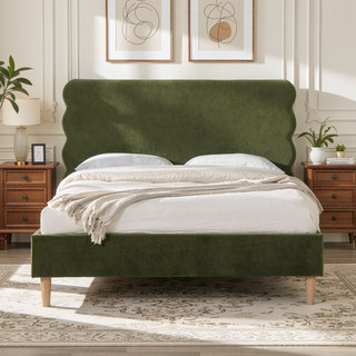 Sunvega Retro Modern Wavy Headboard Platform Bed with Upholstered Frame in Antique White
